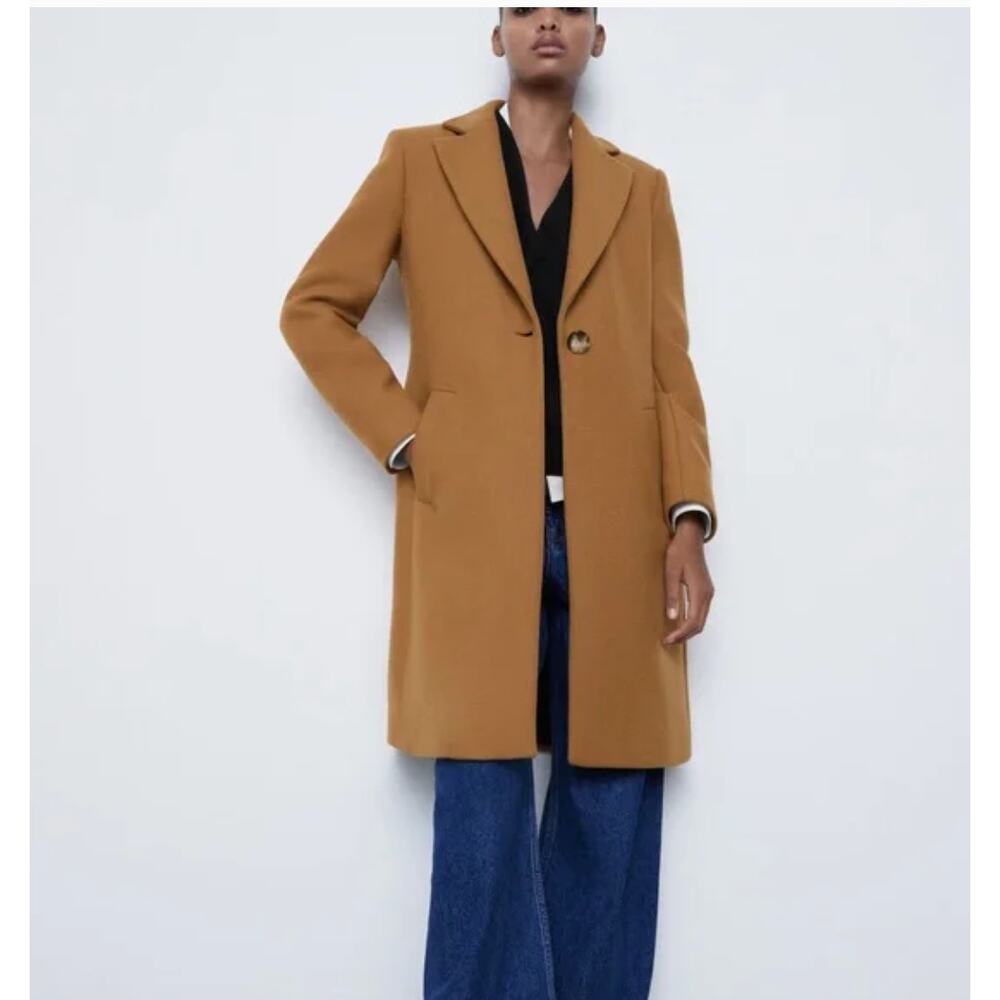 ZARA Camel Wool Blend Tailored Coat Italian Fabric Size XS